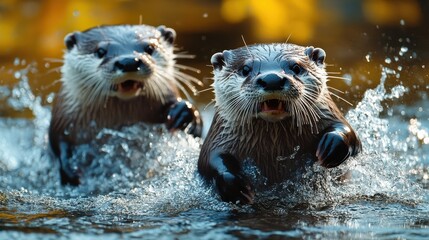 Two playful otters splashing through water during a sunny day