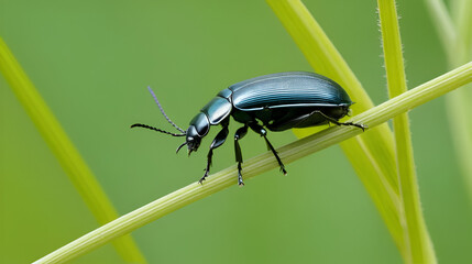 Naklejka premium beetle climbs the frail stems trying to fly and fall