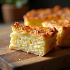 Traditional Greek Tiropita Slice on Wooden Board