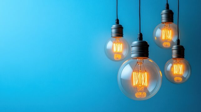 Four hanging vintage edison light bulbs against blue background - Powered by Adobe