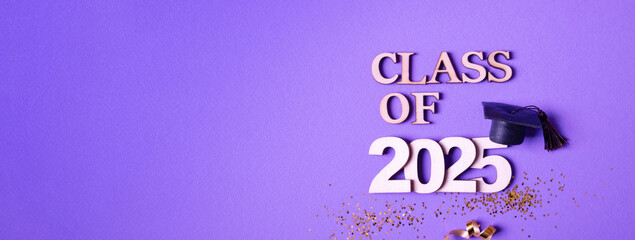 Banner class of 2025 and graduation cap on purple background with tinsel