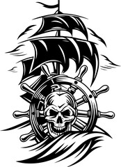 SVG vector of a skull and skeleton pirate aboard a ghost ship. Pirate Ship with Skull and Wheel in Dramatic Black and White Art