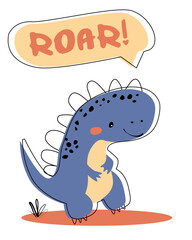 Dinosaur vector funny card. Children's card with cute dinosaurs and text roar. Dino baby colorful illustration