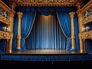 Ornate Theater Stage with Luxurious Blue Curtains