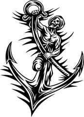 Obraz premium SVG vector of a skull and skeleton pirate aboard a ghost ship. Ghostly Pirate Riding an Anchor in a Dark Ocean Design