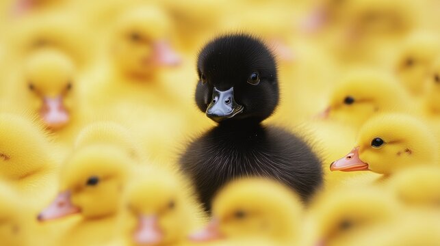 A single black duckling stands out amongst a crowd of yellow ducklings.