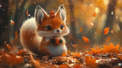Cute cartoon fox with acorn in autumn forest surrounded by falling leaves