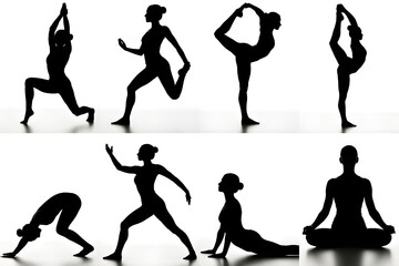 Silhouettes of yoga poses isolated on a white background