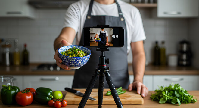 Culinary Vlogger Recording Food Preparation with Smartphone on Tripod in Bright Kitchen with Wooden Cutting Board and Fresh Ingredients - Powered by Adobe