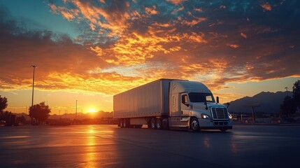 Obraz premium Majestic sunset over industrial landscape with silhouette of semi-truck on highway