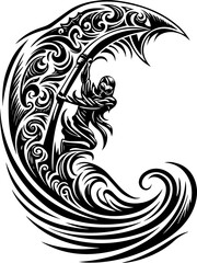 SVG vector of a Skull Captain holding a treasure map and saber. Adventurous Captain Riding a Massive Wave with Cultural Patterns