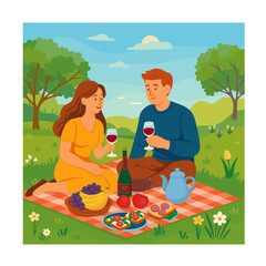 Couple having romantic picnic.Man and woman sitting on lawn in park. Outdoor spring or summer dating with wine and food. Vector illustration.