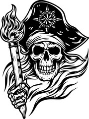 SVG vector of a Skull Captain holding a treasure map and saber. Captivating Pirate Skull Holding Torch with Bold Hat and Striking Features