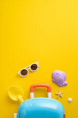 Bright vertical summer travel essentials for children, including sunglasses, toy shovel, suitcase, and beach toys
