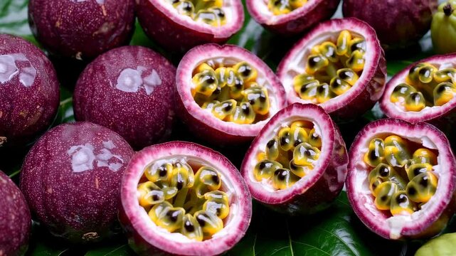 Passion fruit and garcinia on green leaves, exotic tropical fruits animation with vibrant natural colors and healthy food concept loop