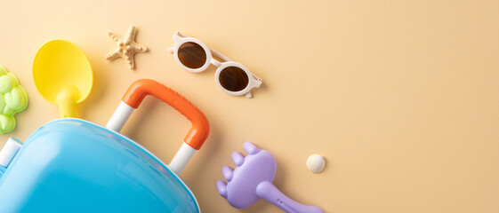 Beach accessories and toys arranged neatly, depicting summer travel and vacation mood