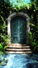 Enchanted Secret Garden Entrance Mysterious Teal Door and Steps Leading to Hidden Oasis