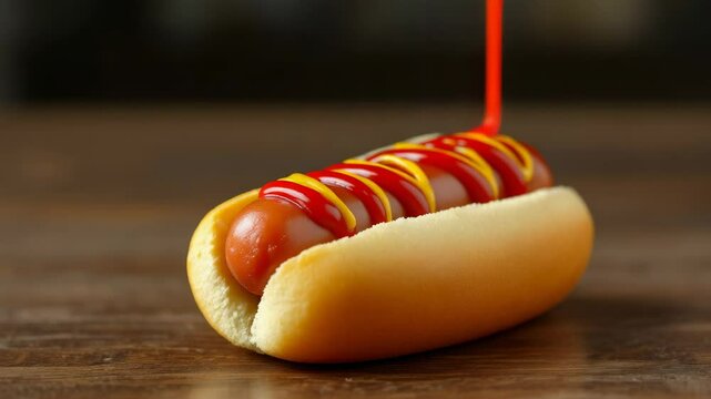 close up shot of a hotdog being drizzled with ketchup and mustard sitting on a dark wooden table