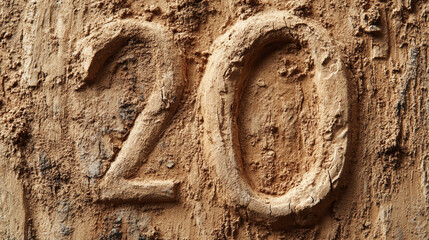 Number Twenty Carved in Rough Textured Wood Background