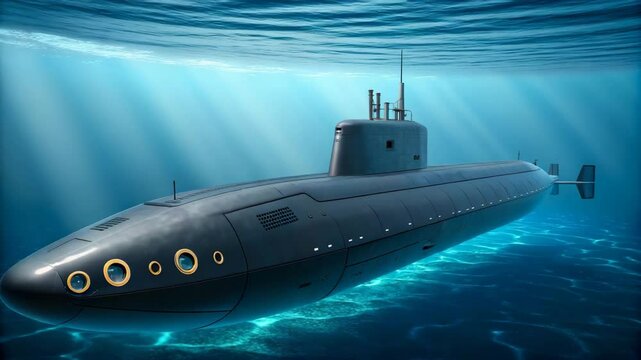 Majestic Submarine Cruising Beneath Ocean Waves A powerful military vessel glides silently through deep blue water sunlight filtering through the surface above