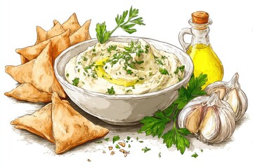 Hummus bowl with pita chips, and olive oil  garlic Watercolor illustration.