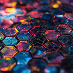 Obraz premium hyper realistic depiction of polymer nanofilms with hexagonal pattern, showcasing vibrant colors and intricate details. image highlights advanced technology and material ...