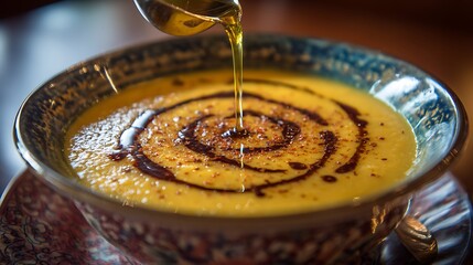 Soup in decorative bowl with oil swirl