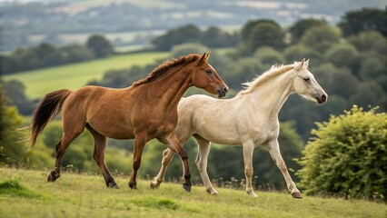 Obraz premium Majestic Horses Grazing Peacefully in a Sunset Meadow