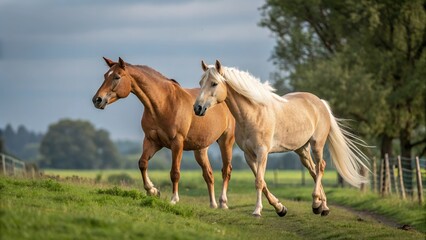 Obraz premium Serene Moment of Horses Feeding in Lush Countryside