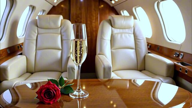 Glass of champagne and red rose on wooden table inside luxury private jet cabin, cream leather seats and wooden paneling. Concept of romantic getaway luxury aviation executive transportation.