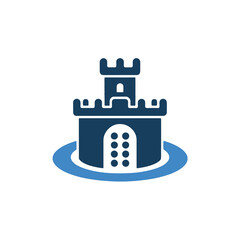 A stylized castle icon is depicted with a simple battlement design and a central tower, surrounded by a blue circular shape suggesting a moat.