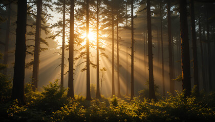 Obraz premium Sunlight Streaming Through Forest Trees at Dawn—Serene Nature Scene