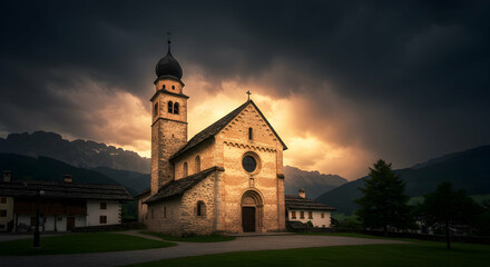 Naklejka premium Dramatic Sunset Church: Stunning Landscape Photo