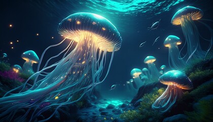 Naklejka premium Bioluminescent Jellyfish Garden: Underwater Fantasy