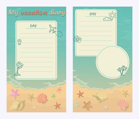Templates for social media. Vacation diary. Vector illustration in blue, yellow tones. Beach,seashells,holiday icons and space for text and photos. 