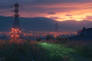 Sunset over a town with glowing path.