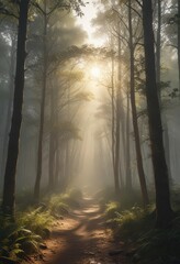 Sunbeams pierce misty forest, creating golden shafts of light ,  spring,  natural,  majestic