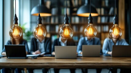 Team brainstorming, illuminated ideas.