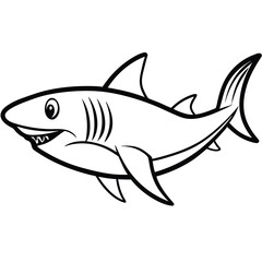Cartoon shark with sharp teeth, dorsal fin, and stripes. Black and white line art with a playful expression, ideal for kids' clipart, ocean graphics, educational graphics, and marine-themed designs.