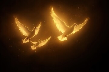 Three glowing white doves in flight against a dark background.