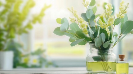 A close-up of fresh eucalyptus branches, gently placed on a rustic wooden table, with a small glass bottle