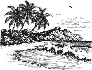 beach waves and palm trees vector illustration