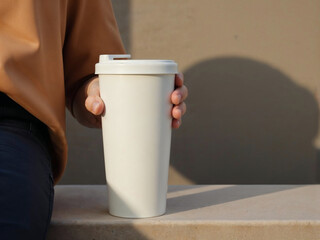 Off-White Coffee Cup: Minimalist Casual Outdoor Scene
