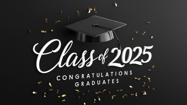 striking image celebrates the Class of 2025 with a stylish black graduation cap and elegant lettering. It conveys warm congratulations to the graduates on their significant achievement.