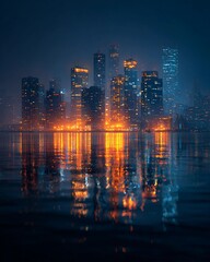 Obraz premium Illuminated city skyline at night reflecting in calm water on a clear evening with vibrant lights and tall buildings