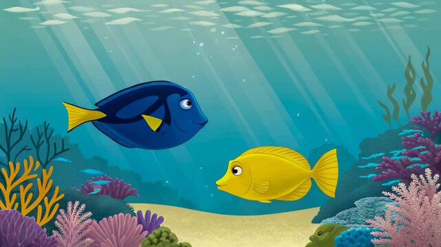 Vibrant underwater scene featuring a regal blue tang and a cheerful yellow fish swimming amidst colorful coral reefs and ocean plants