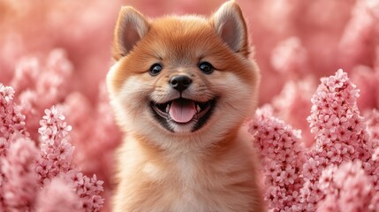 Obraz premium Adorable Shiba Inu Puppy Amidst Blooming Pink Flowers