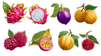 A set of 8 unique, hand-painted illustrations of various exotic fruits with vibrant colors and textures, isolated on a transparent background