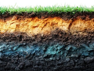 Earth layers with grass on top and colorful bands of soil