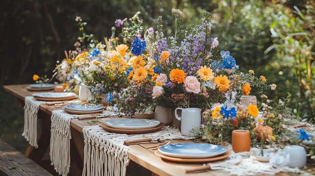 A beautifully decorated outdoor table setting with vibrant wildflowers and rustic tableware, perfect for a summer gathering. - Powered by Adobe